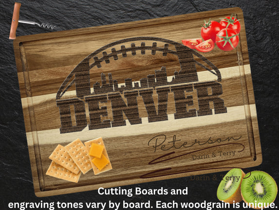 Custom Denver football cutting board featuring the city skyline and a football design. Personalized as requested to make a great gift.