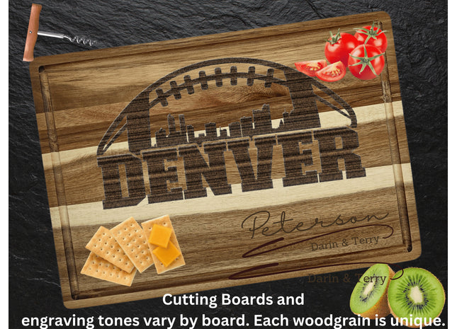 Custom Denver football cutting board featuring the city skyline and a football design. Personalized as requested to make a great gift.