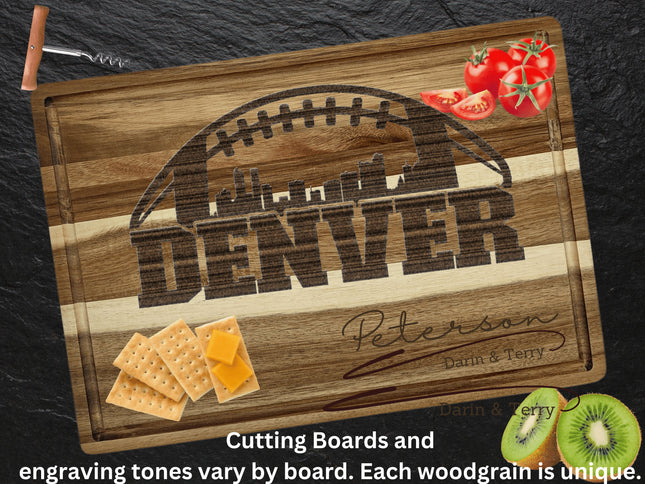 Custom Denver football cutting board featuring the city skyline and a football design. Personalized as requested to make a great gift.