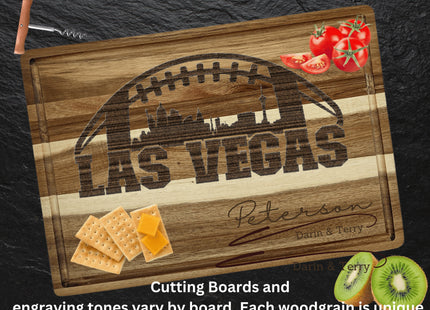 Custom Las Vegas football cutting board featuring the city skyline and a football design. Personalized as requested to make a great gift.