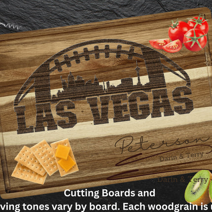 Custom Las Vegas football cutting board featuring the city skyline and a football design. Personalized as requested to make a great gift.