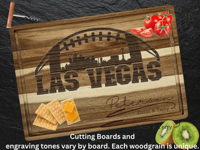 Custom Las Vegas football cutting board featuring the city skyline and a football design. Personalized as requested to make a great gift.