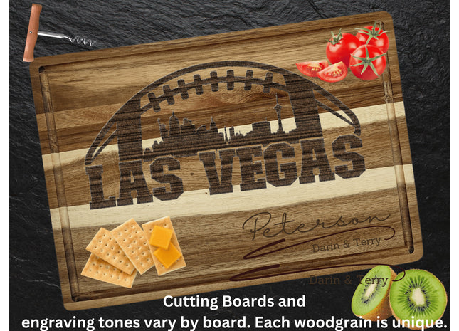 Custom Las Vegas football cutting board featuring the city skyline and a football design. Personalized as requested to make a great gift.