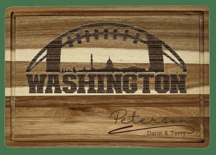 Custom Washington football cutting board featuring the city skyline and a football design. Personalized as requested to make a great gift.