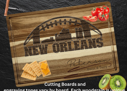 Custom New Orleans football cutting board featuring the city skyline and a football design. Personalized as requested to make a great gift.