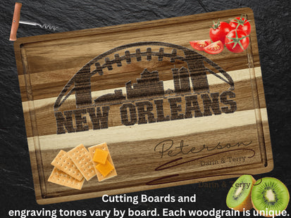 Custom New Orleans football cutting board featuring the city skyline and a football design. Personalized as requested to make a great gift.