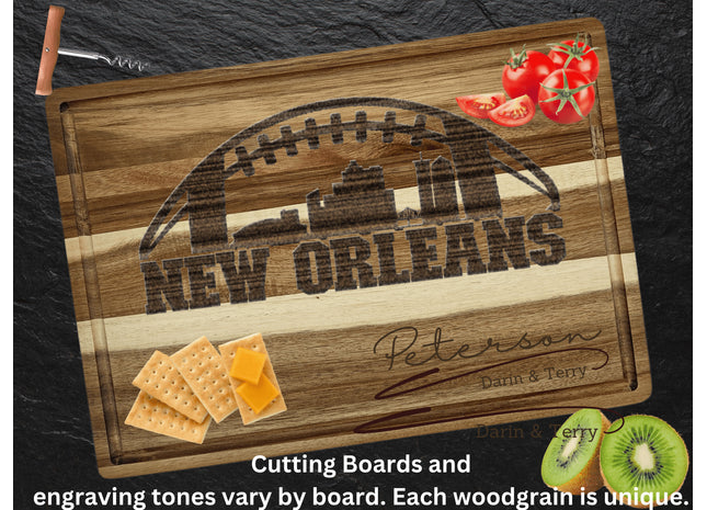 Custom New Orleans football cutting board featuring the city skyline and a football design. Personalized as requested to make a great gift.