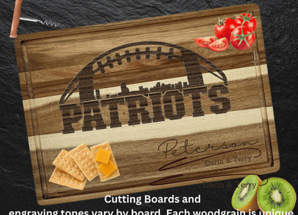 Personalized New England Football Cutting Board: Engraved Acacia Wood