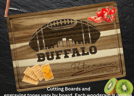 Custom Buffalo football cutting board featuring the city skyline and a football design. Personalized as requested to make a great gift.