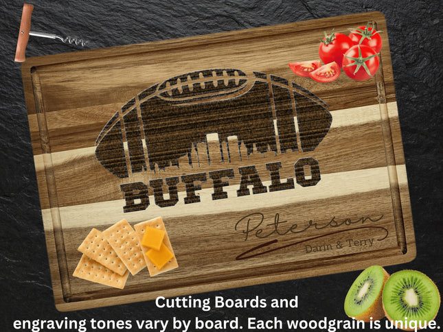 Custom Buffalo football cutting board featuring the city skyline and a football design. Personalized as requested to make a great gift.