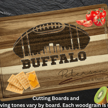 Custom Buffalo football cutting board featuring the city skyline and a football design. Personalized as requested to make a great gift.