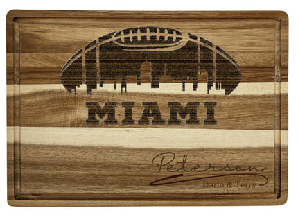 Custom Miami football cutting board featuring the city skyline and a football design. Personalized as requested to make a great gift.