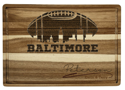 Custom Baltimore football cutting board featuring the city skyline and a football design. Personalized as requested to make a great gift.