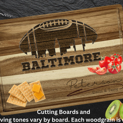 Custom Baltimore football cutting board featuring the city skyline and a football design. Personalized as requested to make a great gift.