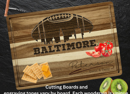 Custom Baltimore football cutting board featuring the city skyline and a football design. Personalized as requested to make a great gift.