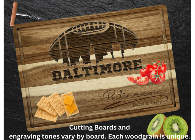 Custom Baltimore football cutting board featuring the city skyline and a football design. Personalized as requested to make a great gift.