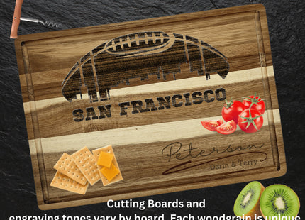 Custom San Francisco football cutting board featuring the city skyline and a football design. Personalized as requested to make a great gift.