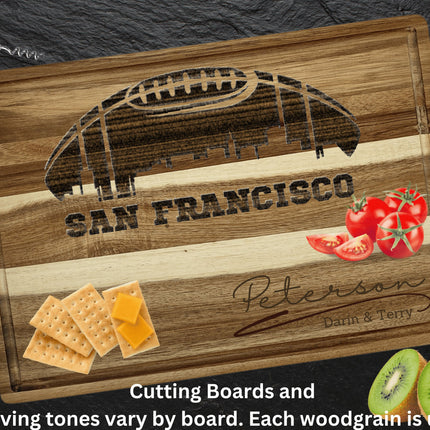 Custom San Francisco football cutting board featuring the city skyline and a football design. Personalized as requested to make a great gift.