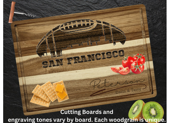 Custom San Francisco football cutting board featuring the city skyline and a football design. Personalized as requested to make a great gift.
