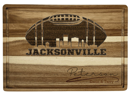 Custom Indianapolis football cutting board featuring the city skyline and a football design. Personalized as requested to make a great gift.
