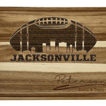 Custom Indianapolis football cutting board featuring the city skyline and a football design. Personalized as requested to make a great gift.