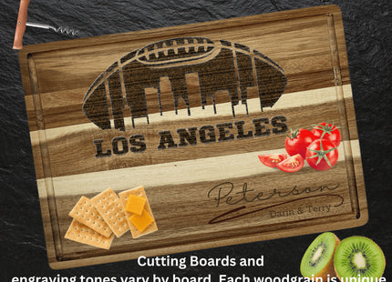 Custom Los Angeles football cutting board featuring the city skyline and a football design. Personalized as requested to make a great gift.