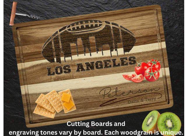 Custom Los Angeles football cutting board featuring the city skyline and a football design. Personalized as requested to make a great gift.