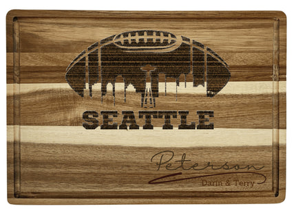 Custom Seattle football cutting board featuring the city skyline and a football design. Personalized as requested to make a great gift.