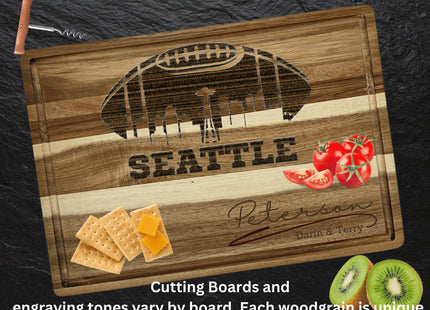 Custom Seattle football cutting board featuring the city skyline and a football design. Personalized as requested to make a great gift.