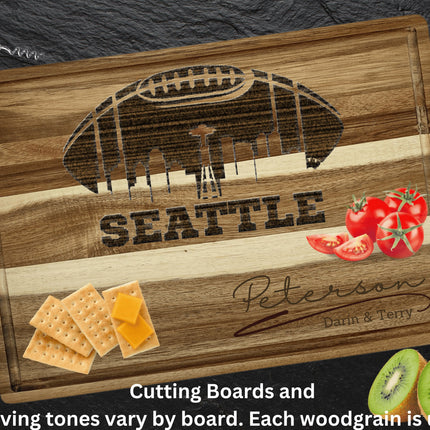 Custom Seattle football cutting board featuring the city skyline and a football design. Personalized as requested to make a great gift.