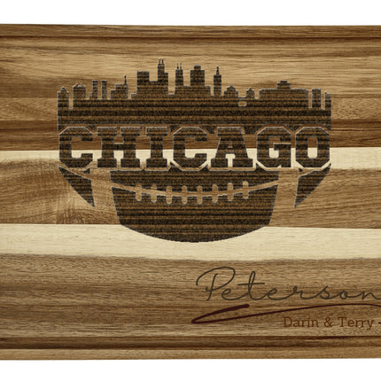 Custom Chicago football cutting board featuring the city skyline and a football design. Personalized as requested to make a great gift.