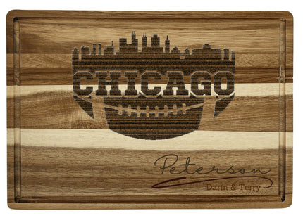 Custom Chicago football cutting board featuring the city skyline and a football design. Personalized as requested to make a great gift.
