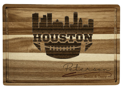 Custom Houston football cutting board featuring the city skyline and a football design. Personalized as requested to make a great gift.