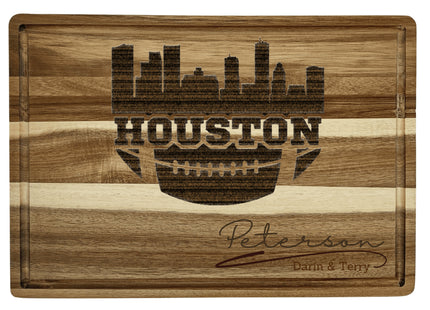 Custom Houston football cutting board featuring the city skyline and a football design. Personalized as requested to make a great gift.