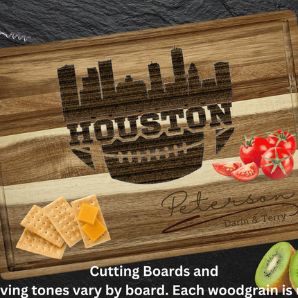 Custom Houston football cutting board featuring the city skyline and a football design. Personalized as requested to make a great gift.