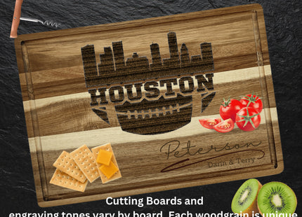 Custom Houston football cutting board featuring the city skyline and a football design. Personalized as requested to make a great gift.