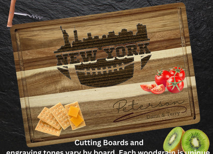 Custom New York football cutting board featuring the city skyline and a football design. Personalized as requested to make a great gift.