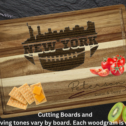 Custom New York football cutting board featuring the city skyline and a football design. Personalized as requested to make a great gift.