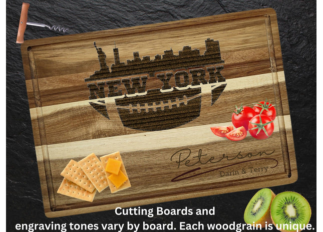 Custom New York football cutting board featuring the city skyline and a football design. Personalized as requested to make a great gift.