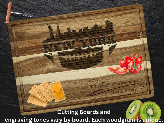 Custom New York football cutting board featuring the city skyline and a football design. Personalized as requested to make a great gift.