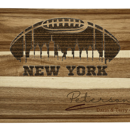 Custom New York football cutting board featuring the city skyline and a football design. Personalized as requested to make a great gift.