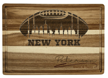 Custom New York football cutting board featuring the city skyline and a football design. Personalized as requested to make a great gift.