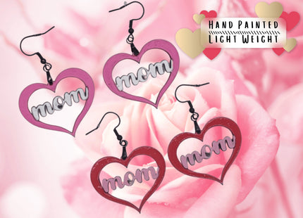 Hand Painted Mom Heart Earrings: Baltic Birch, Hypoallergenic