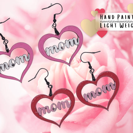 Hand Painted Mom Heart Earrings: Baltic Birch, Hypoallergenic
