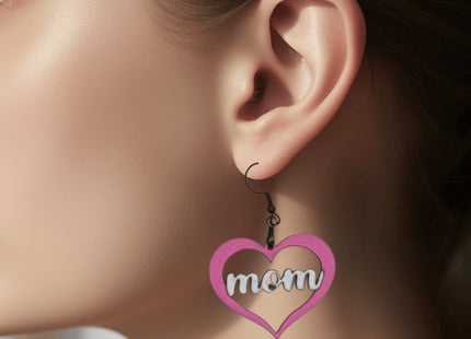 Hand Painted Mom Heart Earrings: Baltic Birch, Hypoallergenic