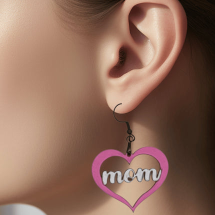 Hand Painted Mom Heart Earrings: Baltic Birch, Hypoallergenic