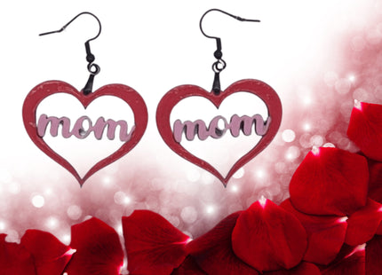 Hand Painted Mom Heart Earrings: Baltic Birch, Hypoallergenic