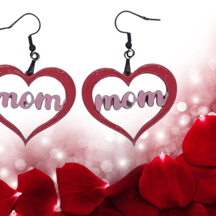 Hand Painted Mom Heart Earrings: Baltic Birch, Hypoallergenic