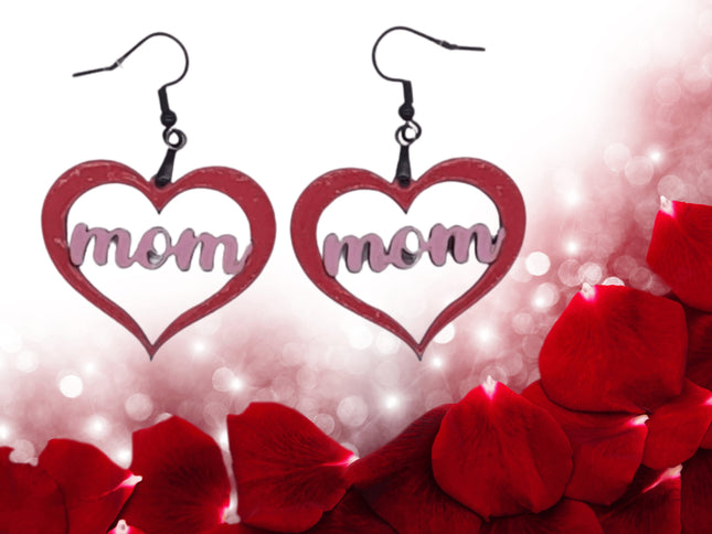 Hand Painted Mom Heart Earrings: Baltic Birch, Hypoallergenic