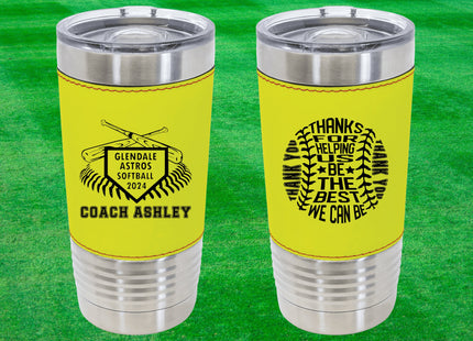 Custom Softball Tumbler | Personalized Coach Gift | Softball Team Insulated Tumbler | Leatherette 20 Ounce Tumbler | Softball Coach Award